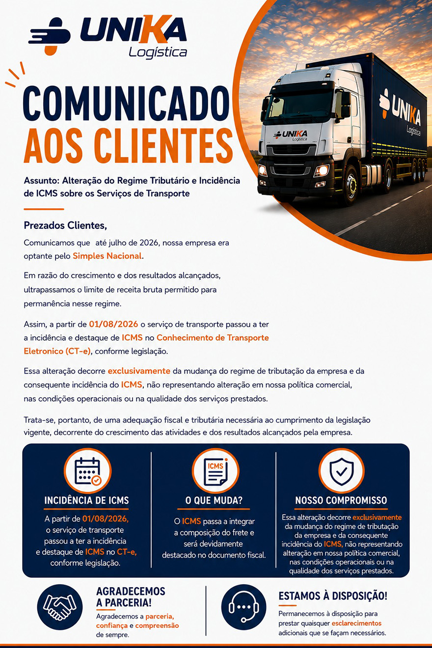 Unika Logistica - Comunicado aos Clientes
